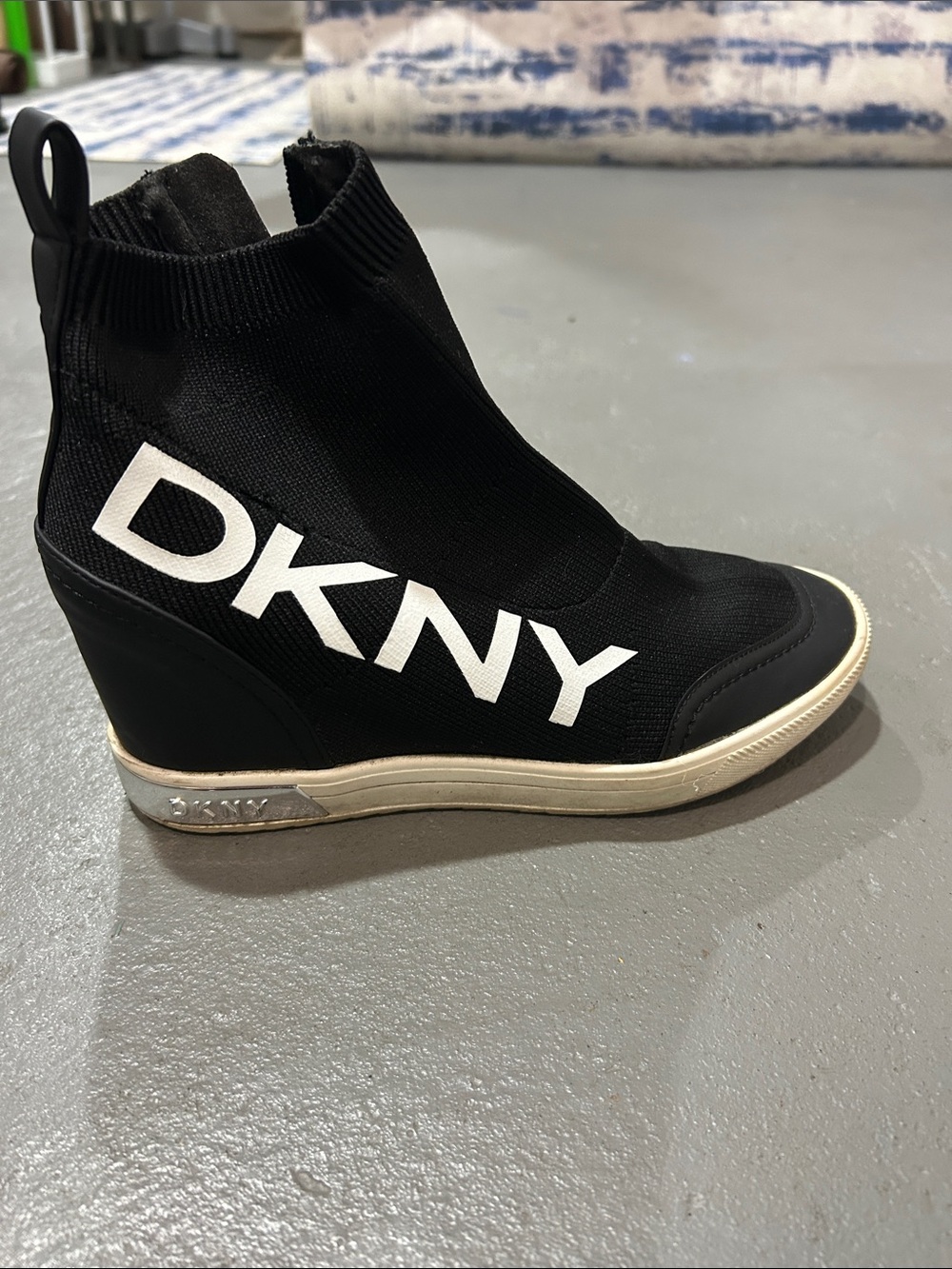 DKNY Black Knit Logo Wedge Sneaker